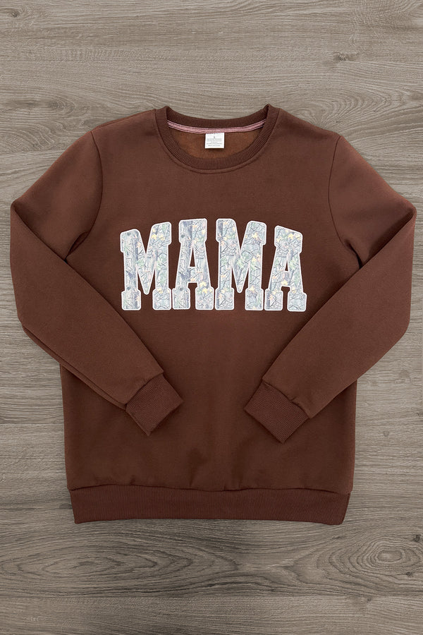 Mom & Me - "Mama & Mini" Camo Sweatshirt - MOM-XS - Brown crewneck sweatshirt with camo-patterned "MAMA" text across the chest, ribbed cuffs and hem.