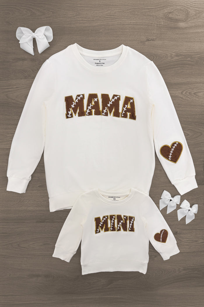 Mom & Me - "Mama & Mini" Football Chenille Patch Top - CHILD-3XS-6-12 Months - White long-sleeve tops for mom and child with brown chenille "MAMA" and "MINI" text and brown heart patches on sleeves.