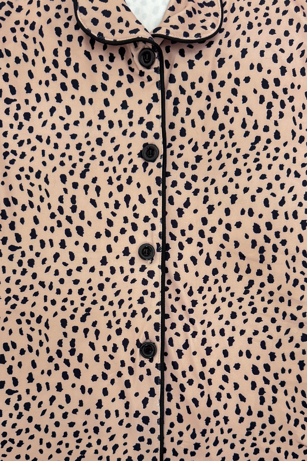 Mom & Me - Fuzzy Cheetah Pajamas - CHILD-6-12 Months - Soft fuzzy pajama top with tan and black cheetah spots, black piping, and black buttons.
