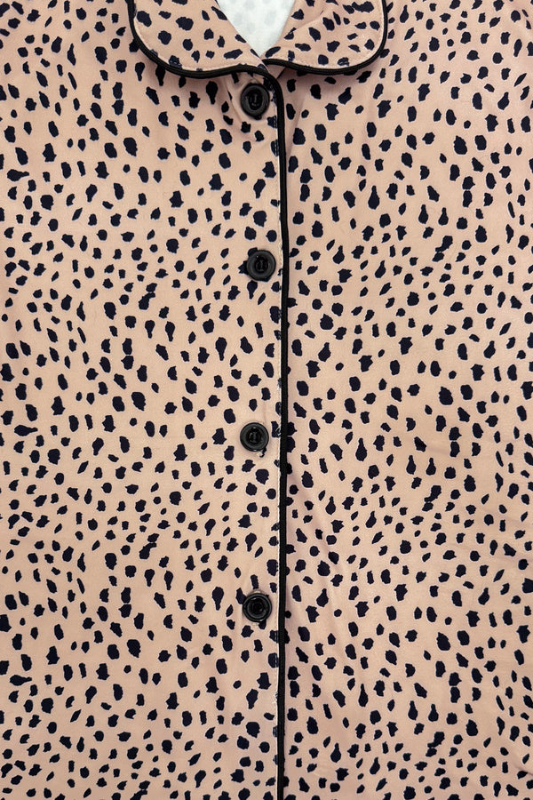 Mom & Me - Fuzzy Cheetah Pajamas - CHILD-6-12 Months - Soft fuzzy pajama top with tan and black cheetah spots, black piping, and black buttons.