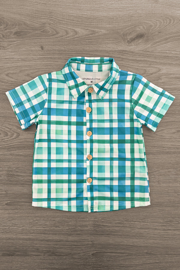 Green Gingham Button Down Top | Sparkle in Pink