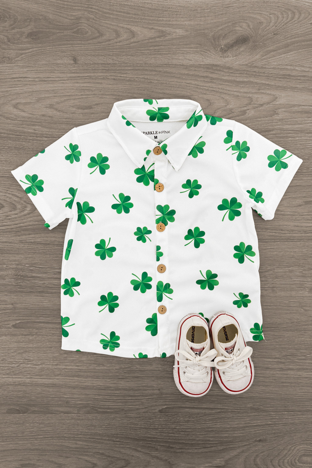 White Shamrock Button Down Top | Sparkle in Pink