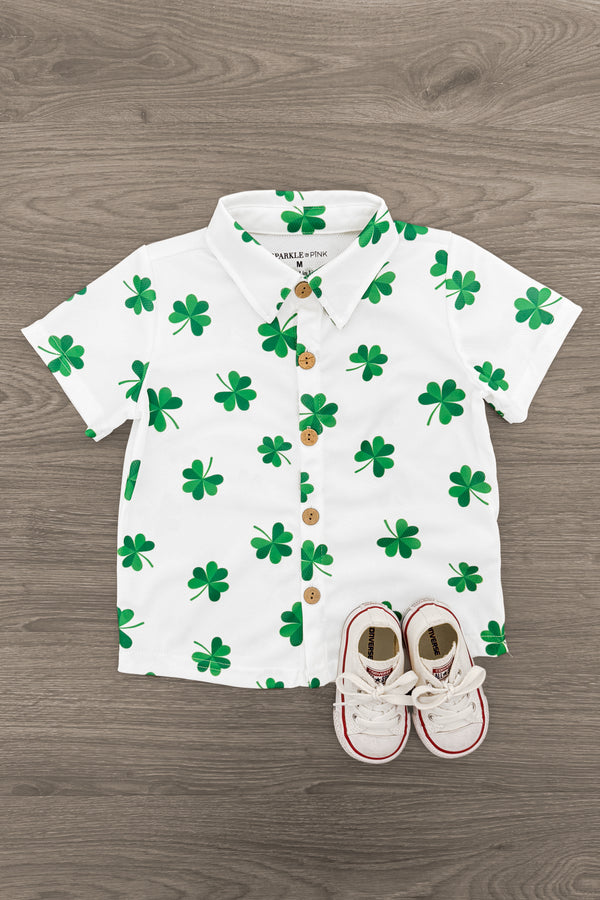 White Shamrock Button Down Top | Sparkle in Pink