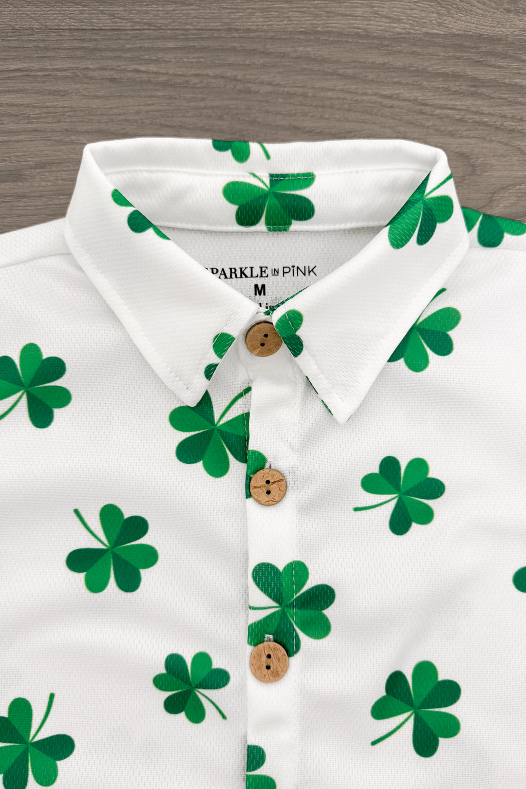 White Shamrock Button Down Top | Sparkle in Pink