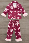 Mom & Me - Fuzzy Pink Bow Pajamas - CHILD-6-12 Months - Burgundy fuzzy pajama set with pink bow prints, button-up top, and plush cuffs and hem.