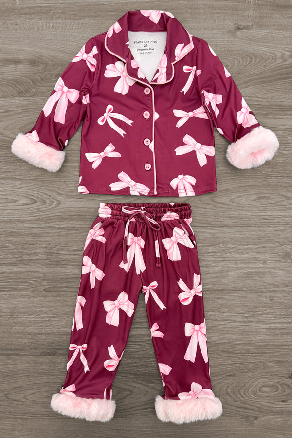 Mom & Me - Fuzzy Pink Bow Pajamas - CHILD-6-12 Months - Burgundy fuzzy pajama set with pink bow prints, button-up top, and plush cuffs and hem.