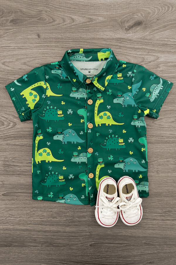 Lucky Green Dinosaur Button Down Top | Sparkle in Pink