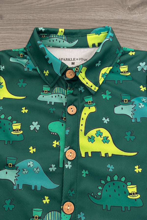 Lucky Green Dinosaur Button Down Top | Sparkle in Pink