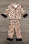 Mom & Me - Fuzzy Cheetah Waffle Knit Pajamas - CHILD-6-12 Months - Brown fuzzy cheetah print waffle knit pajama set with black faux fur trim on cuffs and pant hems.