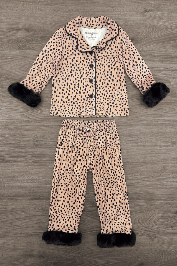 Mom & Me - Fuzzy Cheetah Pajamas - CHILD-6-12 Months - Fuzzy cheetah print pajama set with black trim on collar, cuffs, and pant hems.