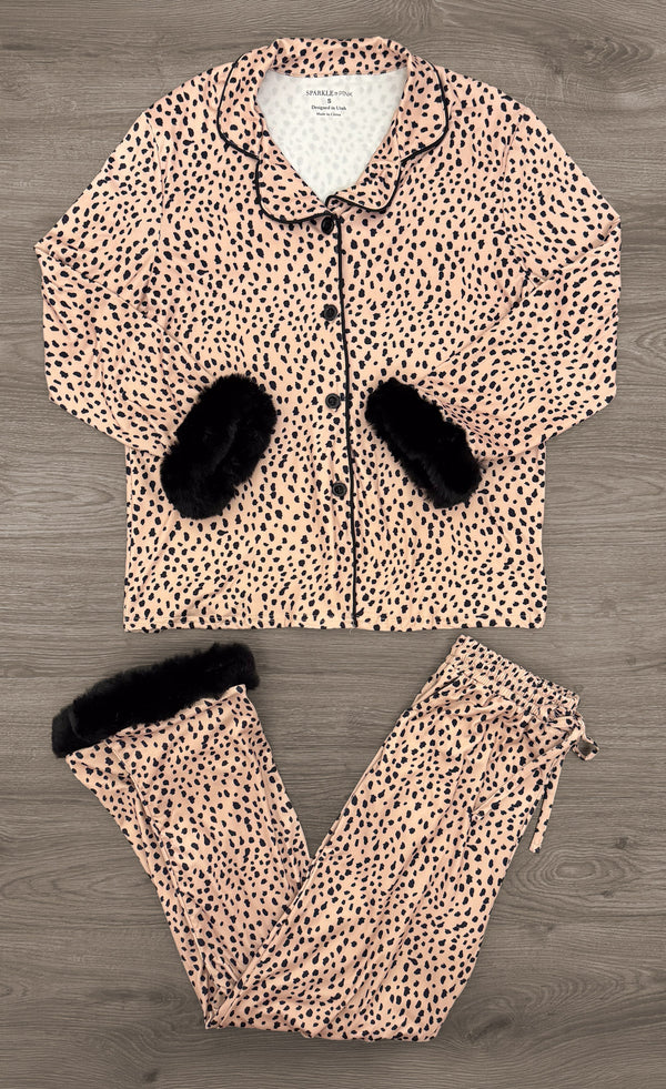 Mom & Me - Fuzzy Cheetah Waffle Knit Pajamas - MOM-XS - Brown cheetah print waffle knit pajamas with black fuzzy cuffs and button-up top.