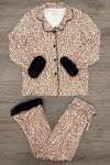 Mom & Me - Fuzzy Cheetah Pajamas - CHILD-6-12 Months - Beige fuzzy cheetah print pajama set with black collar trim and black faux fur pockets, matching pants with elastic cuffs.