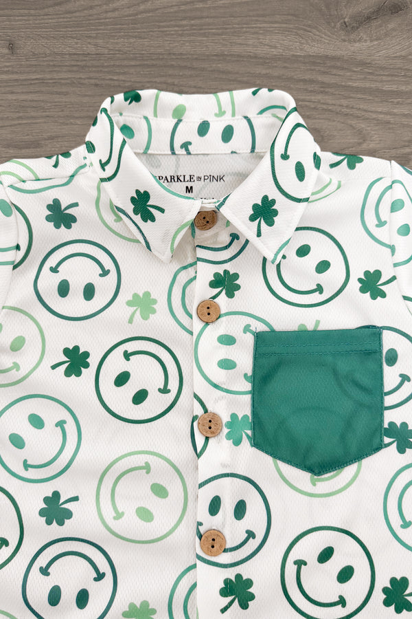 Lucky Smiley Face Button Down Top | Sparkle in Pink