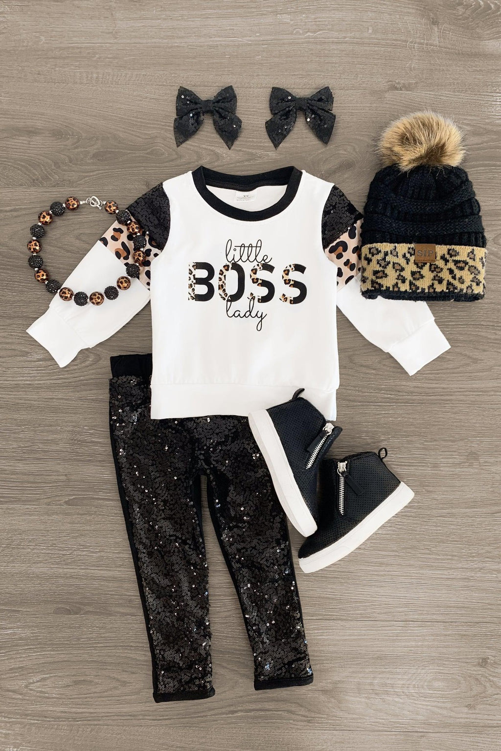 "Little Boss Lady" Black Sequin Legging Set - Sparkle in Pink