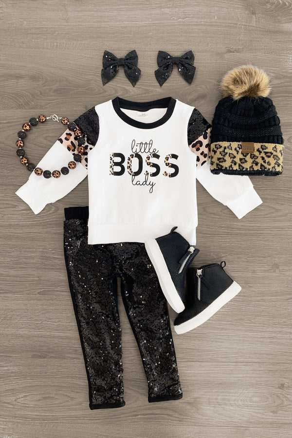 "Little Boss Lady" Black Sequin Legging Set - Sparkle in Pink