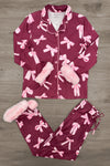 Mom & Me - Fuzzy Pink Bow Pajamas - MOM-XS - Burgundy pajama set with light pink bow patterns, fuzzy pink cuffs, and drawstring pants.