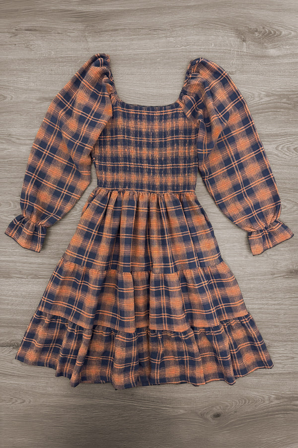 long sleeve plaid dress Virginia Maxi Smocked bust Family Navy & Rust Plaid
