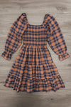 Family Navy & Rust Plaid Dress & Shirt - MOM-XS-FAMILY - Navy and rust plaid dress with puffed long sleeves, smocked bodice, and tiered skirt.