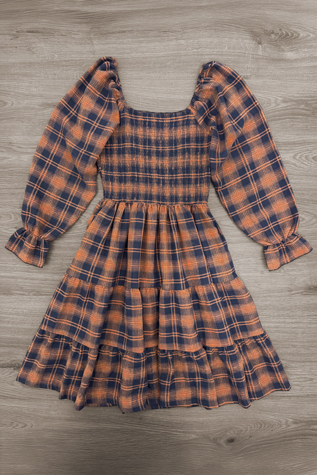 Family Navy & Rust Plaid Dress & Shirt - MOM-XS-FAMILY - Navy and rust plaid dress with puffed long sleeves, smocked bodice, and tiered skirt.