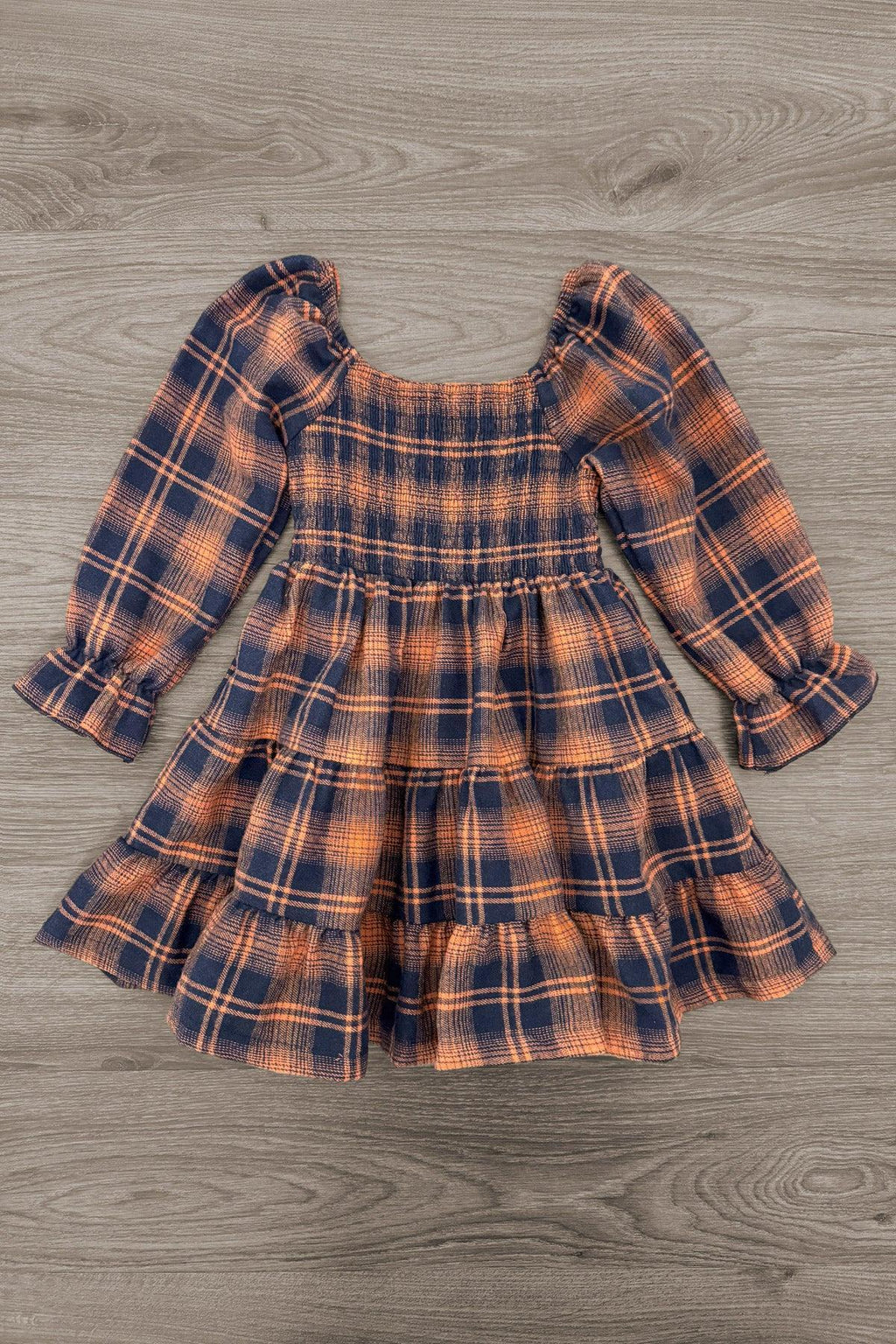 Family Navy & Rust Plaid Dress & Shirt - GIRL-0-3 Months-FAMILY - Navy and rust plaid cotton dress with puffed long sleeves and smocked bodice.