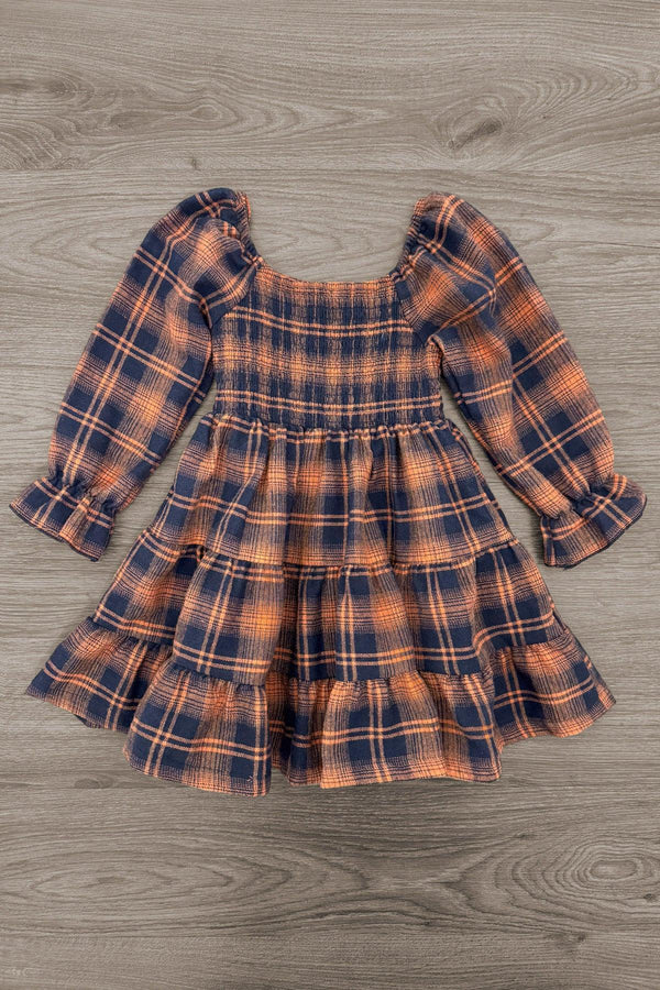 Family Navy & Rust Plaid Dress & Shirt - GIRL-0-3 Months-FAMILY - Navy and rust plaid cotton dress with puffed long sleeves and smocked bodice.