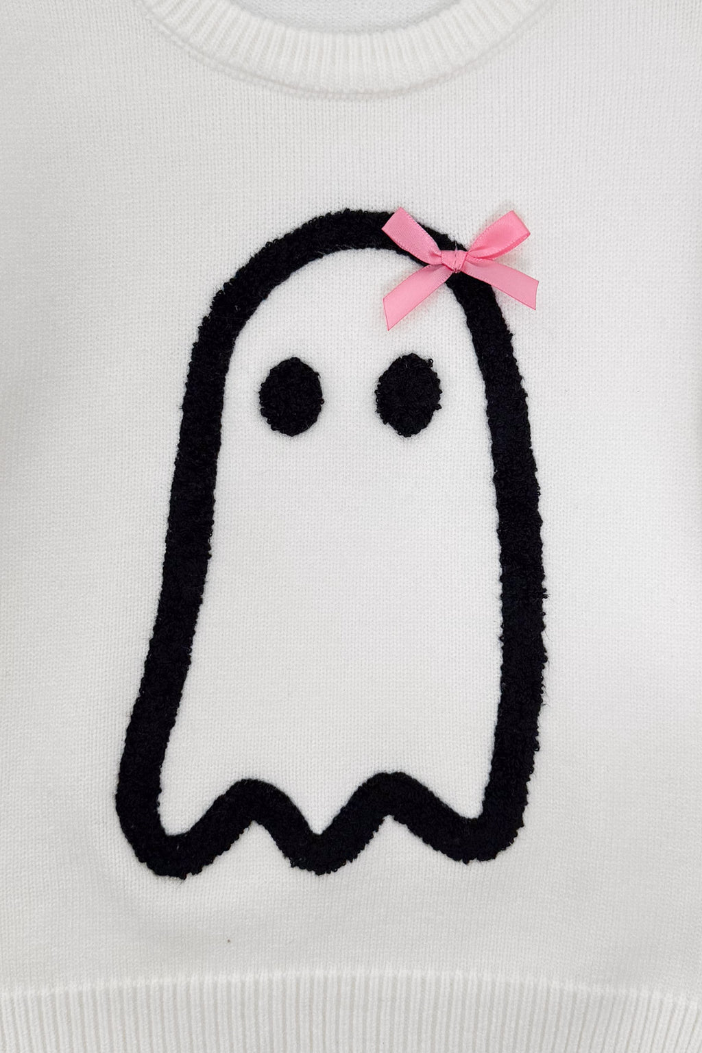 Ghost Pant Set - Boy Or Girl - GIRL-6-12 Months-FAMILY - Cream-colored fabric with a black ghost outline and two black eyes, adorned with a small pink bow on top.