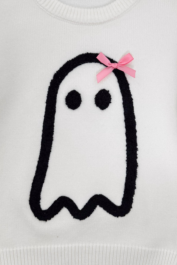 Ghost Pant Set - Boy Or Girl - GIRL-6-12 Months-FAMILY - Cream-colored fabric with a black ghost outline and two black eyes, adorned with a small pink bow on top.