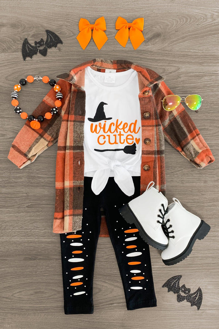 "Wicked Cute" Black & White Legging Set - 3XS-6-12 Months - White long-sleeve bodysuit with orange "Wicked Cute" text and witch hat graphic, paired with black distressed leggings and.