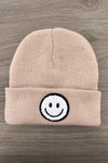 Smiley Face Beanies - Tan - Tan knit beanie with folded cuff featuring a black and white smiley face patch at center front.