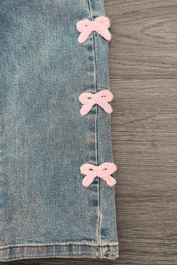 Pink Chenille Bow Denim Pants - 3-6 Months - Light blue denim pants featuring three soft pink chenille bows vertically aligned on the outer seam.