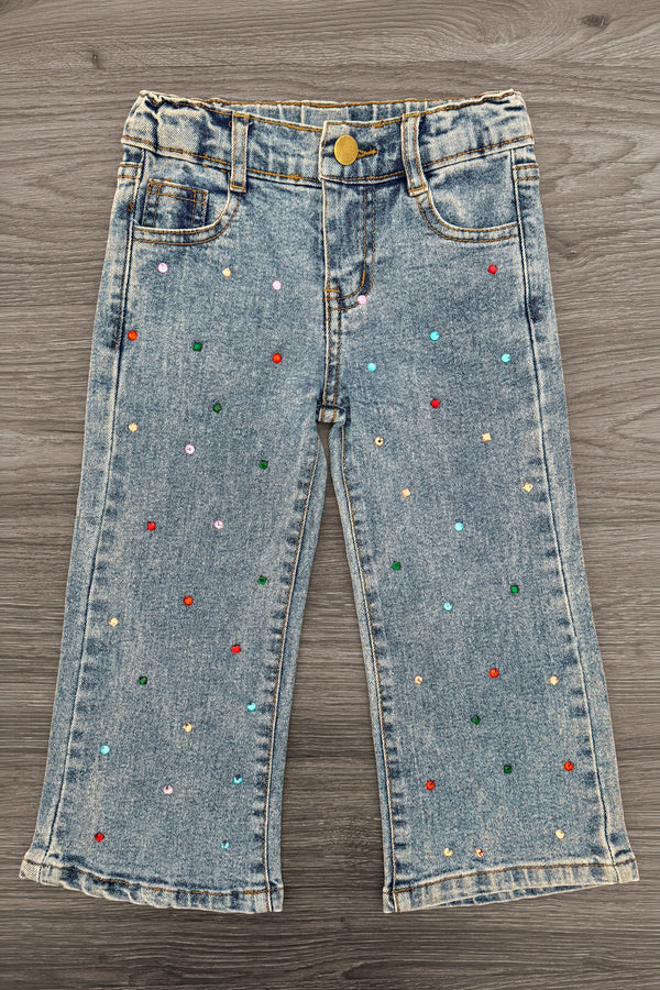 Gemstone Denim Pants - 6-12 Months - Light wash denim pants with colorful gemstone embellishments scattered across the fabric, featuring a button and zipper.
