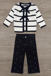 Striped Sweater Cardigan Denim Pant Set - 6-12 Months - White and black striped knit cardigan with bow ties paired with black wide-leg denim pants embellished with small pearls.