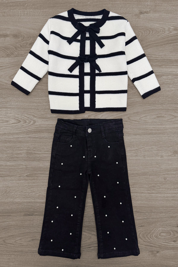 Striped Sweater Cardigan Denim Pant Set - 6-12 Months - White and black striped knit cardigan with bow ties paired with black wide-leg denim pants embellished with small pearls.