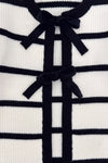 Striped Sweater Cardigan Denim Pant Set - 6-12 Months - White ribbed cardigan with horizontal black stripes and black ribbon tie closures.
