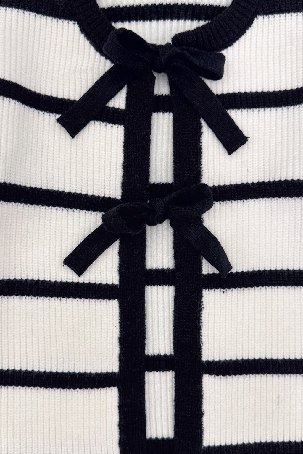 Striped Sweater Cardigan Denim Pant Set - 6-12 Months - White ribbed cardigan with horizontal black stripes and black ribbon tie closures.