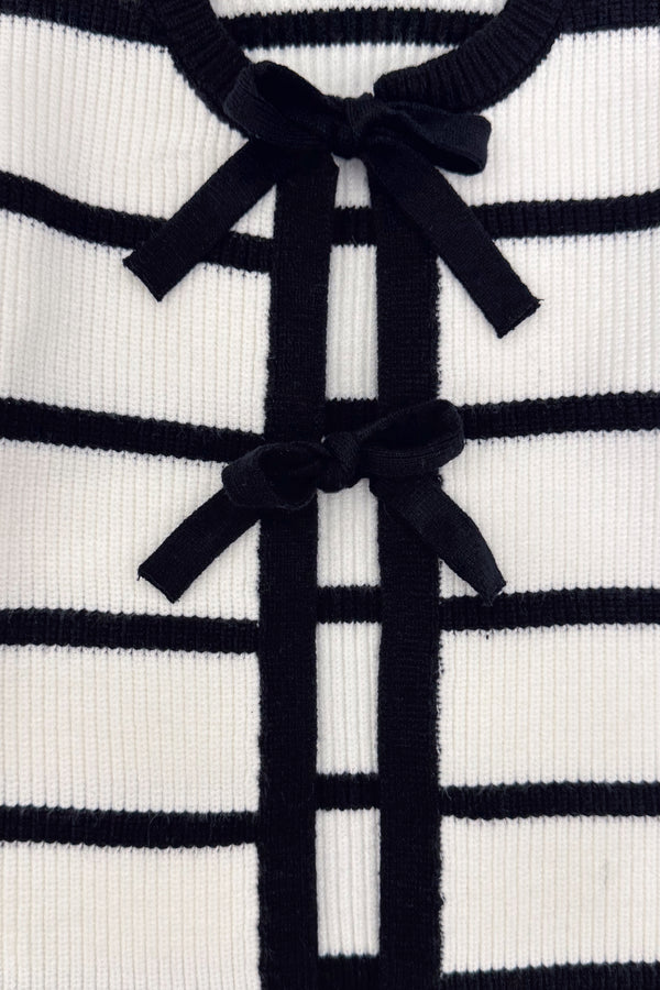 Striped Sweater Cardigan Denim Pant Set - 6-12 Months - White ribbed cardigan with horizontal black stripes and black ribbon tie closures.