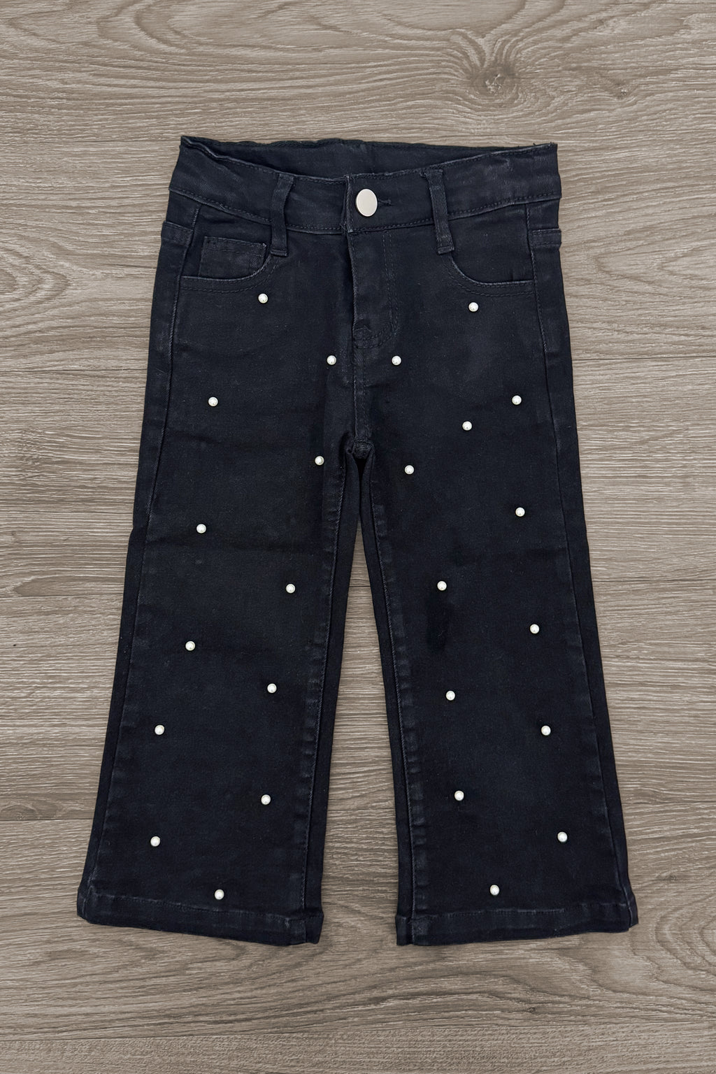 Striped Sweater Cardigan Denim Pant Set - 6-12 Months - Black denim pants with straight legs and white polka dot pattern throughout.