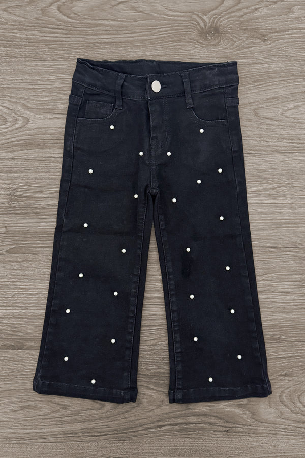 Striped Sweater Cardigan Denim Pant Set - 6-12 Months - Black denim pants with straight legs and white polka dot pattern throughout.
