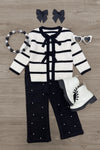 Striped Sweater Cardigan Denim Pant Set - 6-12 Months - Black and white striped knit cardigan with bow details, black wide-leg pants with pearl accents, white lace-up boots, black.