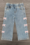 Pink Chenille Bow Denim Pants - 3-6 Months - Light blue denim pants with an elastic waistband and pink chenille bows down the sides.