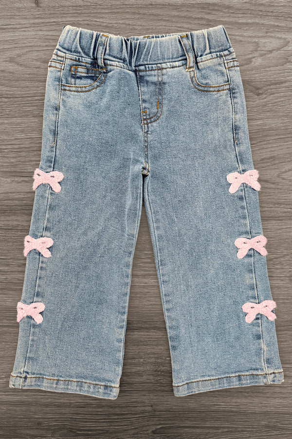Pink Chenille Bow Denim Pants - 3-6 Months - Light blue denim pants with an elastic waistband and pink chenille bows down the sides.