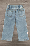Pink Chenille Bow Denim Pants - 3-6 Months - Light blue denim pants with elastic waistband and pink chenille bows along the sides.