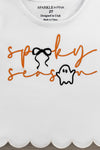 "Spooky Season" Bow Denim Pant Set - 6-12 Months - White toddler long-sleeve top with scalloped hem and orange "spooky season" text featuring a black bow and ghost graphic.