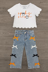 "Spooky Season" Bow Denim Pant Set - 6-12 Months - White short-sleeve scalloped hem top with orange "spooky season" text paired with light blue denim pants featuring orange,.