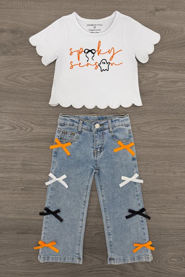 "Spooky Season" Bow Denim Pant Set - 6-12 Months - White short-sleeve scalloped hem top with orange "spooky season" text paired with light blue denim pants featuring orange,.