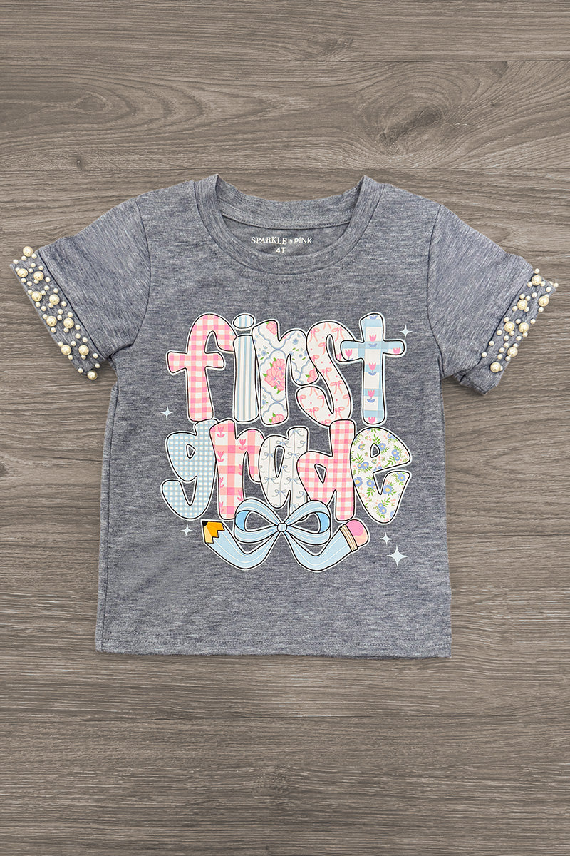 "Pre-K - Sixth Grade" Plaid Bow Denim Short Set - PRE-K / 2T - Gray short-sleeve t-shirt with plaid bow print and colorful "first grade" lettering, plaid sleeve cuffs.