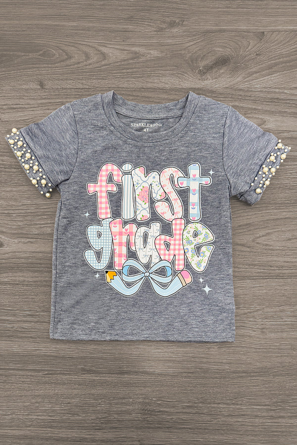 "Pre-K - Sixth Grade" Plaid Bow Denim Short Set - PRE-K / 2T - Gray short-sleeve t-shirt with plaid bow print and colorful "first grade" lettering, plaid sleeve cuffs.