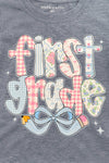 "Pre-K - Sixth Grade" Plaid Bow Denim Short Set - PRE-K / 2T - Light blue denim shirt with colorful plaid and floral "first grade" lettering and a large bow graphic on front.