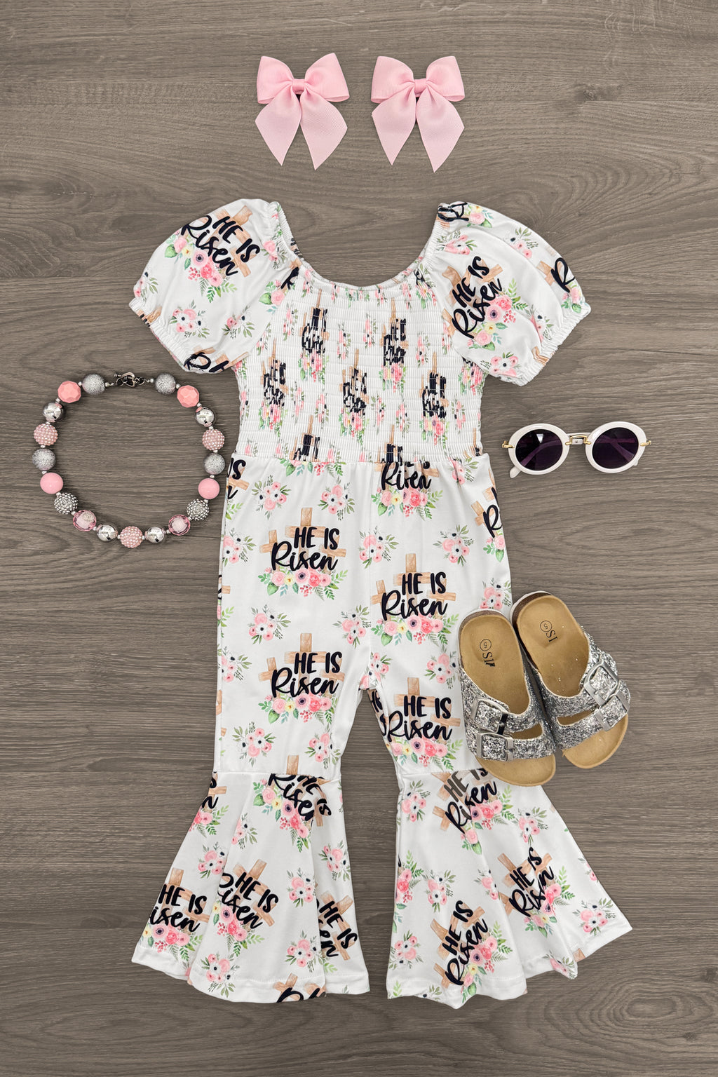 "He Is Risen" Floral Bell Bottom Jumpsuit | Sparkle in Pink