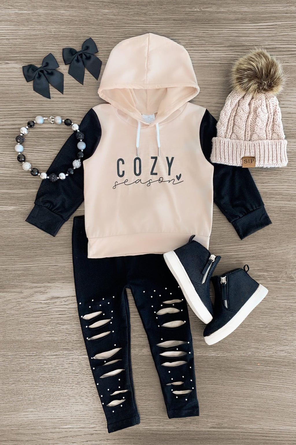 "Cozy Season" Distressed Hoodie Legging Set - Sparkle in Pink